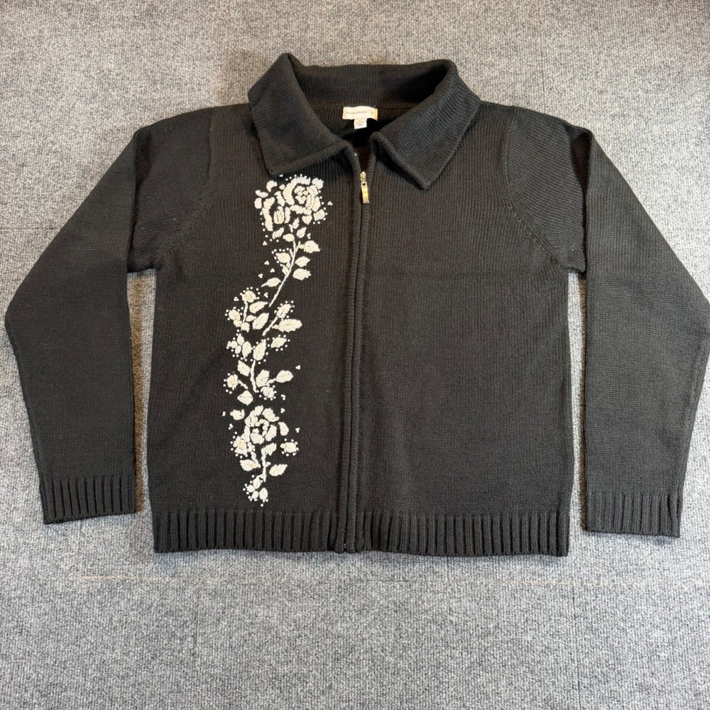 Susan Graver XL Black Zip Cardigan Floral Pearl Embroidery Sweater RN87935